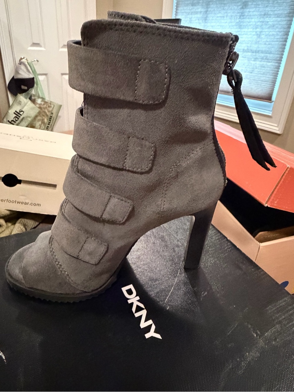 DKNY Gray Suede Strappy High-Heel Ankle Boot